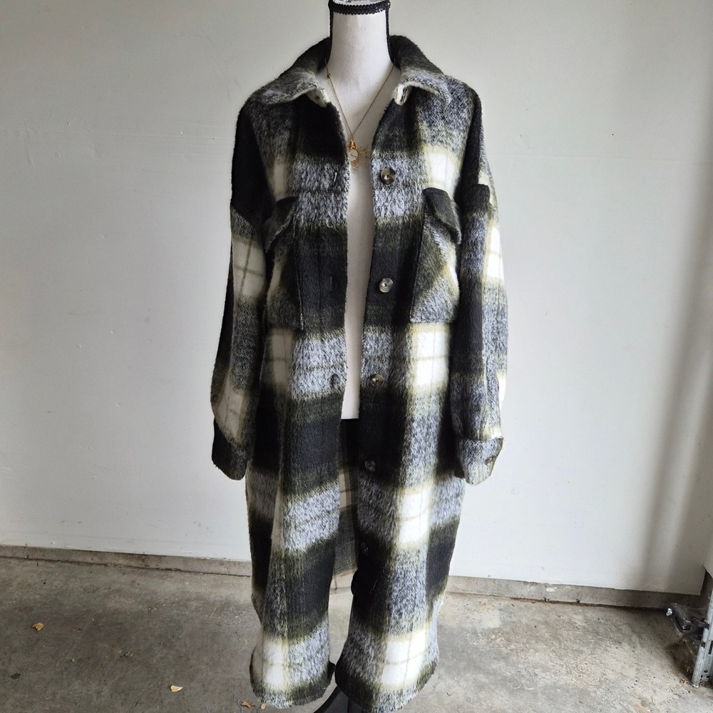 Steve Madden Plaid Longline Shacket Womens Large Cabincore Grunge Cozy Ski Layer